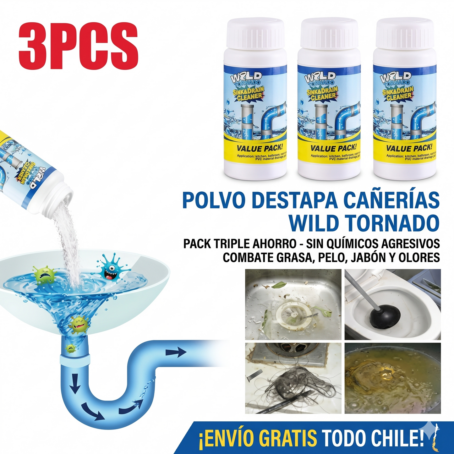 Polvo Destapa Cañerías X3 — Pack Triple Sin Químicos · Envío Gratis Chile