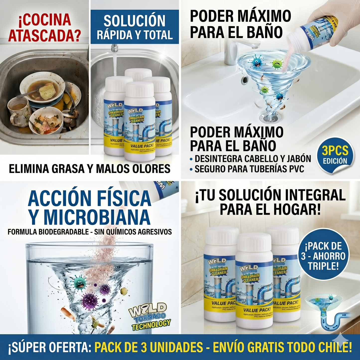 Polvo Destapa Cañerías X3 — Pack Triple Sin Químicos · Envío Gratis Chile